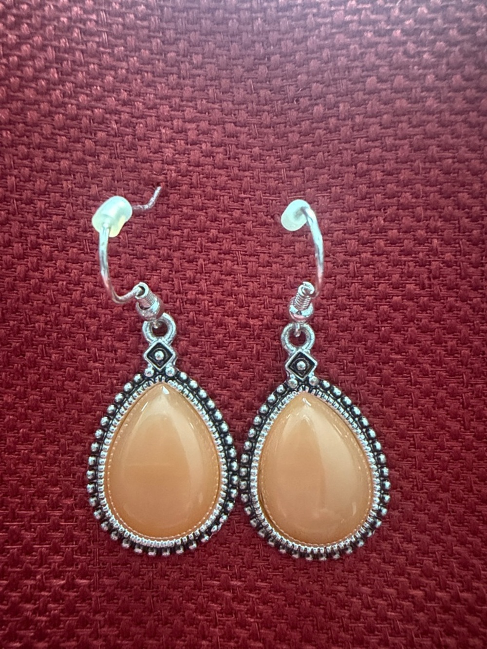 Peach Teardrop Dangle Earrings with Silver Bezel - Picture 2 of 4